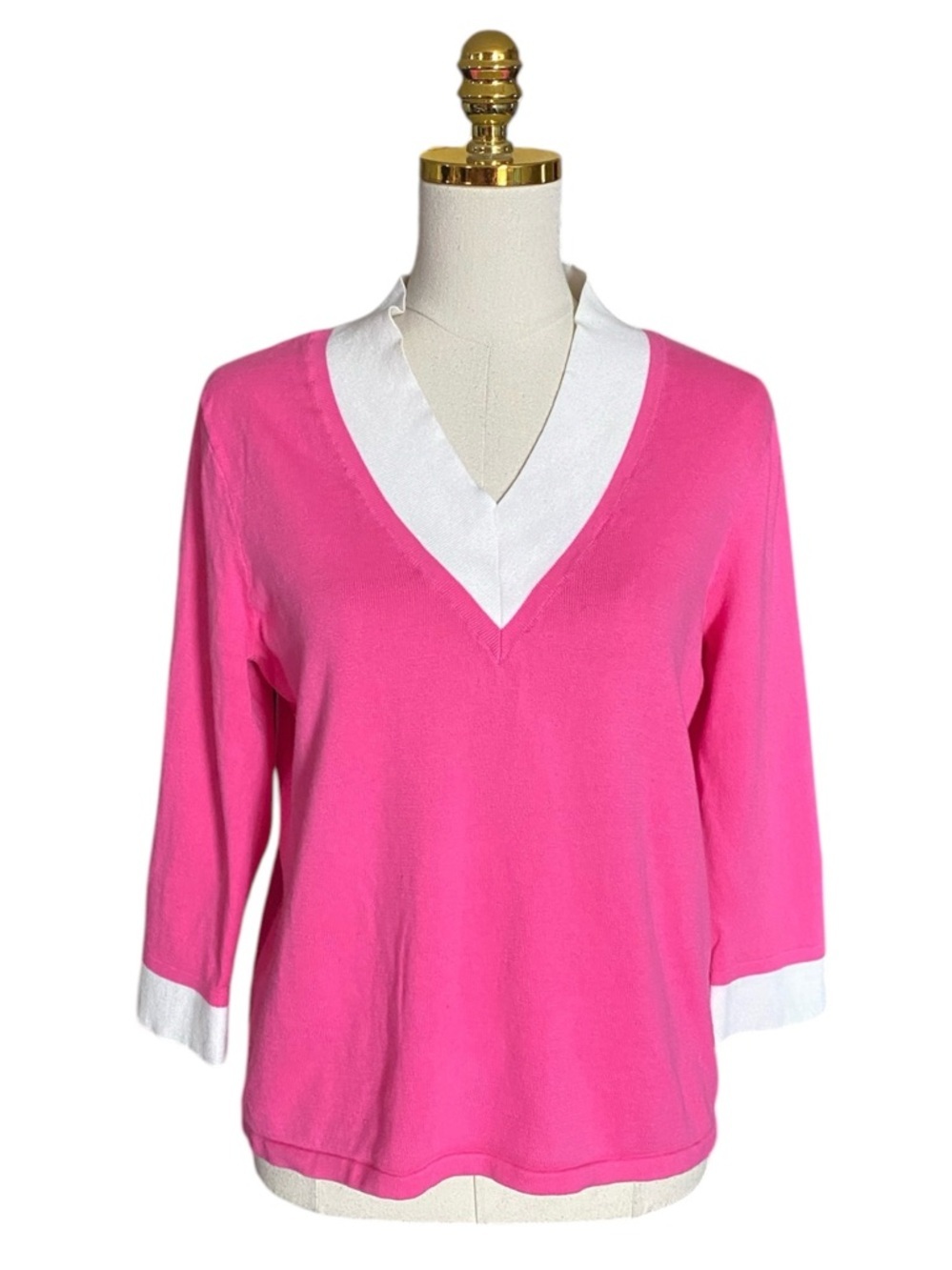 Ralph Lauren Cotton Pink V-Neck Contrast Trim 3/4 Sleeve Women's Sweater Size XL